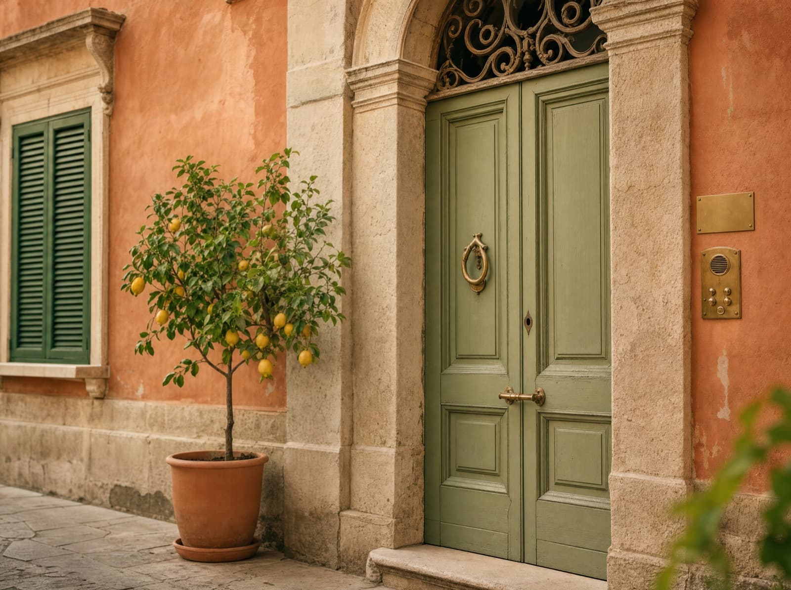 Portone verde di un palazzo storico italiano con una targa d'ottone e il citofono accanto, muro color terracotta e un limone in vaso.