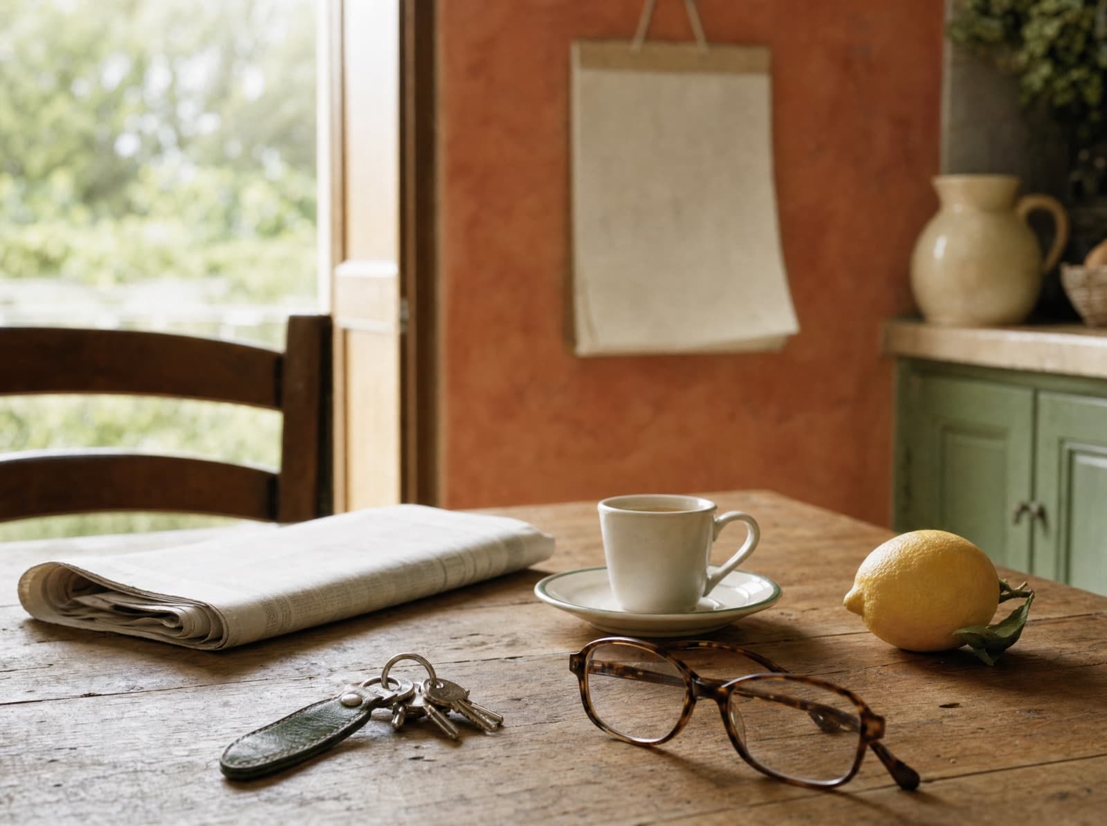 Tavolo di cucina in una casa vacanze italiana al mattino: un giornale piegato, le chiavi con la targhetta verde, gli occhiali, un espresso e un limone, con un calendario appeso al muro color terracotta.
